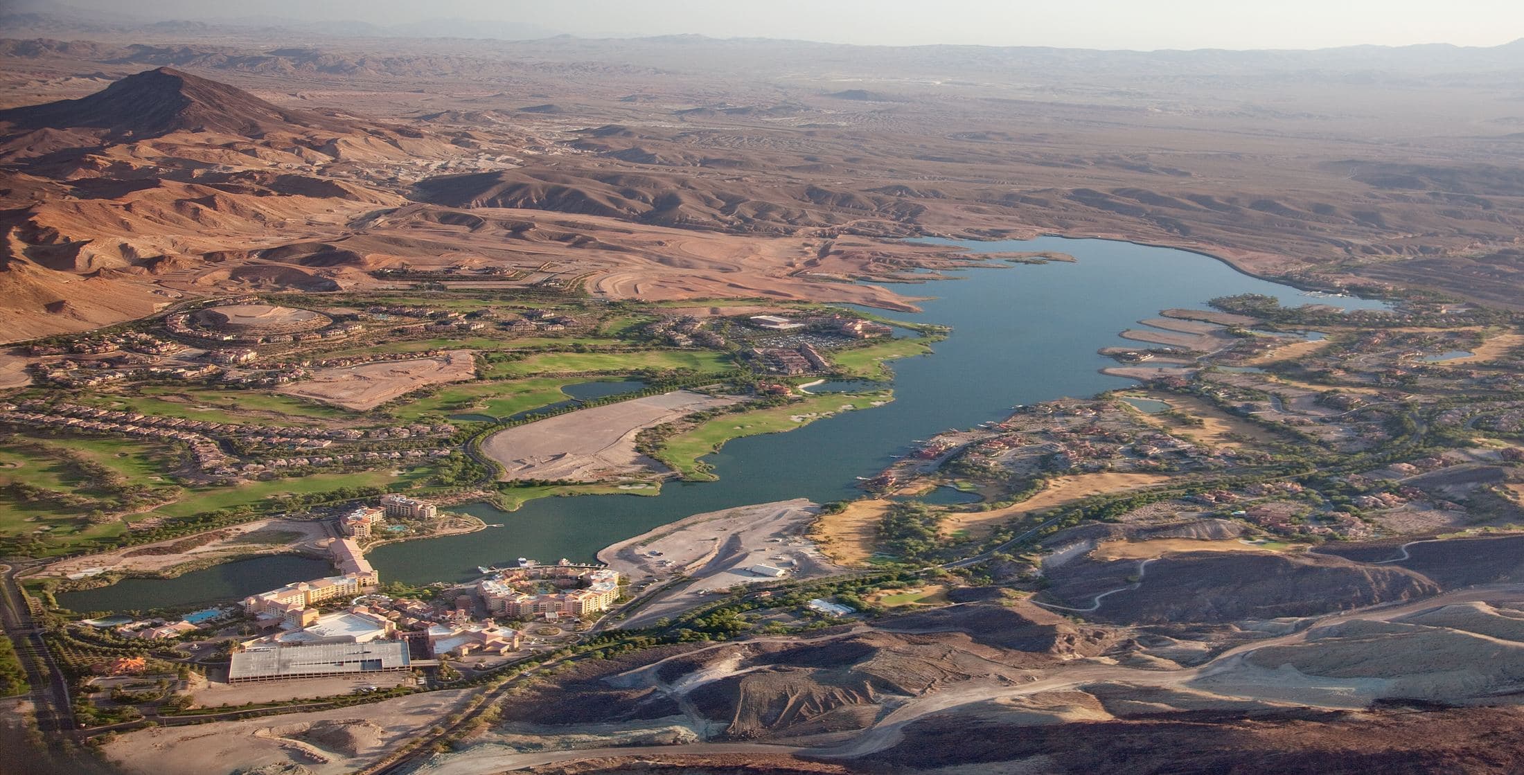 Aerial view of Lake Las Vegas, with MonteLago Village and the marina along the shoreline